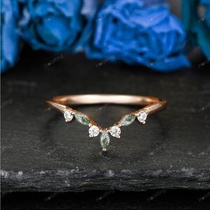 Curved moss agate in silver white gold band with matching stacking moissanite